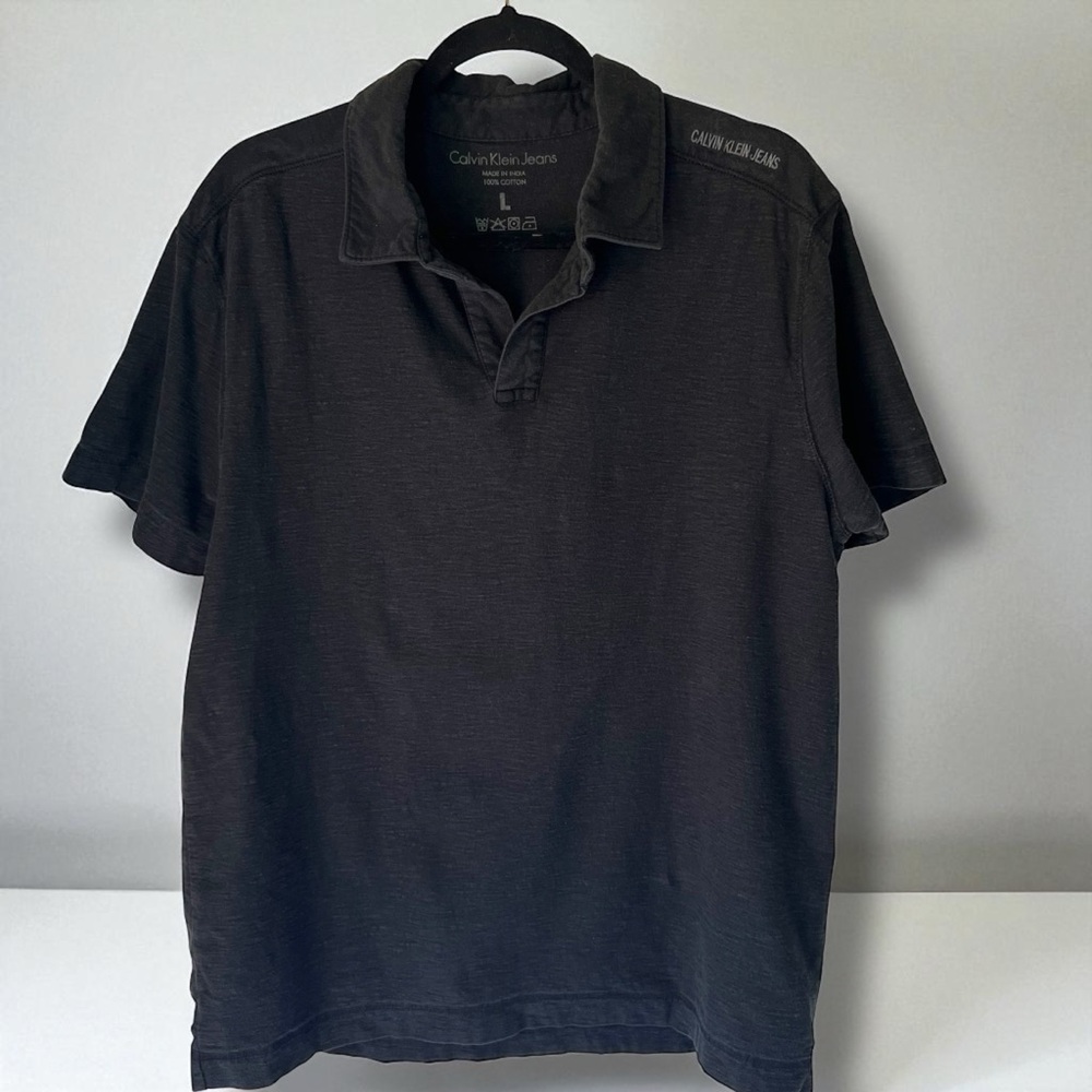 Calvin Klein Jeans Black Slub Cotton Buttonless Polo – Short Sleeve, Size L
